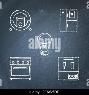 Icona automazione domestica impostata su lavagna. Simboli della lavagna. Aspirapolvere intelligente, gamma elettrica, lampadina intelligente, lavastoviglie e frigorifero. Illustrazione Vettoriale