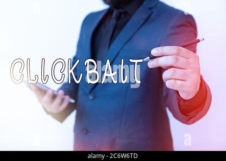 Scrittura a mano testo scrittura Clickbait. Foto concettuale lo scopo principale è quello di attirare l'attenzione su una particolare pagina web modello che mostra diversi scatti Foto Stock