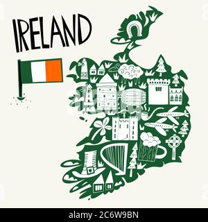 Mappa stilizzata dell'Irlanda disegnata a mano da un vettore. Illustrazione dei monumenti storici della Repubblica d'Irlanda. Illustrazione scritta disegnata a mano. Elemento mappa Europa Illustrazione Vettoriale
