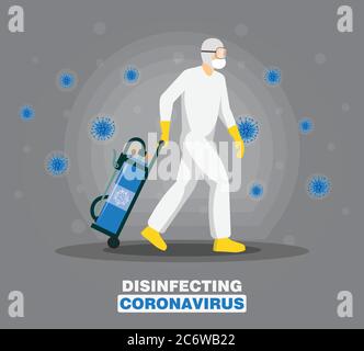 Uomo in tuta di nocciolo pulizia e disinfezione cellule di coronavirus epidemico mers-COV virus disinfettare batteri virus. Pulizia virus. Illustrazione Vettoriale