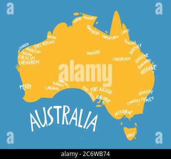 Mappa stilizzata disegnata a mano da un vettore dell'Australia. Illustrazione del Commonwealth delle città australiane. Illustrazione scritta disegnata a mano. Terre Sud m Illustrazione Vettoriale