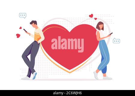 Illustrazione di cartone animato con le relazioni in linea. Tecnologia, app di incontri e dipendenza dai social media. Internet ama la comunicazione con gli smartphone. Chat Web, scrivere messaggi sul concetto di vettore di data. Illustrazione Vettoriale