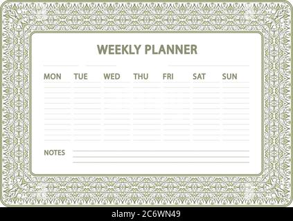 Progettazione settimanale del pianificatore. Cornice ornamentale vettoriale Illustrazione Vettoriale