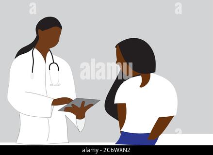 Illustrazione dei risultati del controllo del medico afroamericano su un tablet con paziente afroamericano di pelle scura, grafico vettoriale Illustrazione Vettoriale