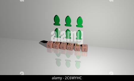 Rappresentazione 3D di germogli con icona sulla parete e testo disposto da lettere cubiche metalliche su un pavimento a specchio per il significato concettuale e presentazione slideshow. Verde e illustrazione Foto Stock