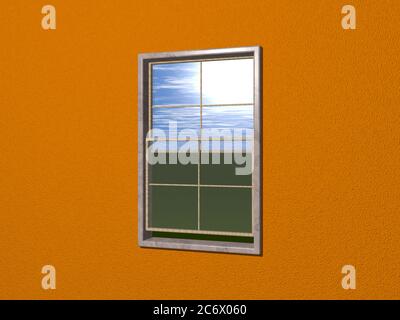 Finestra aperta dal muro rosso arancio vista fuori prato con cielo nuvoloso. Cornice sone e finestra in legno rendering 3D. Sfondo e illustrazione Foto Stock