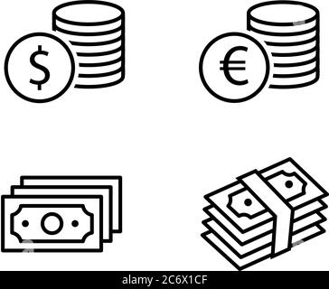 Cash paper money stack e dollaro e moneta euro nero contorno icona insieme con ombra. Pittogrammi finanziari aziendali. Illustrazione di Vector eps10 Illustrazione Vettoriale