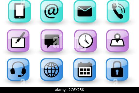 Set di pulsanti di colore lucido di contattaci e icone di comunicazione web. Semplice raccolta di icone vettoriali piatte in bianco e nero Illustrazione Vettoriale