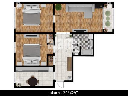 planimetria 3d. Piano pavimento in bianco e nero. Illustrazione 3D, schizzo, contorno. Foto Stock