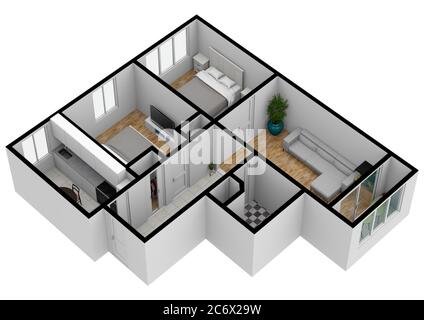 Pianta del pavimento interno. planimetria 3d per immobili. Piano casa. Progettazione 3D dello spazio domestico. Pianta del pavimento a colori. Foto Stock