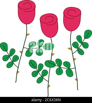 tre rose rosse stilizzate con foglie verdi, semplice vettore mano-d Illustrazione Vettoriale