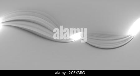 panorama equirettangolare a 360 gradi. Tunnel bianco attorcigliato con estremità incandescenti. Sfondo architettonico minimo. illustrazione del rendering 3d Foto Stock
