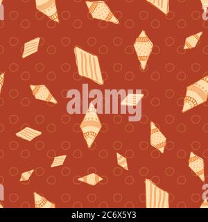 Scudi tribali arancione kite forme sparse su sfondo rosso motivo senza cuciture Vector disegno a mano stile doodle illustrazione disegno di superficie Illustrazione Vettoriale