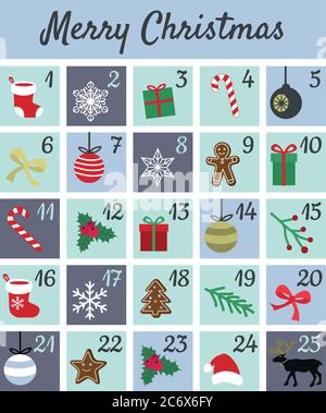 Colorato Mery Chistmas Avvento calendario su sfondo bianco. Simpatici simboli di Natale, inverno e Capodanno 25 e icone con numeri. Semplice mano piatta Illustrazione Vettoriale