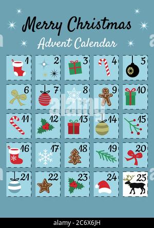 Colorato Mery Chistmas Avvento calendario su sfondo blu. Graziosi simboli di Natale, inverno e Capodanno 25 e icone con numeri in piazze perforate Illustrazione Vettoriale