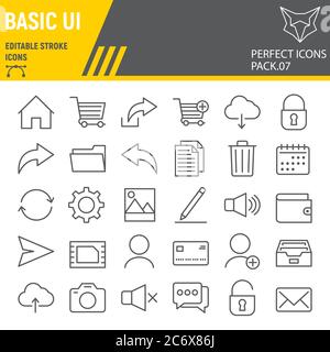 Set di icone di base per la linea dell'interfaccia utente, raccolta di simboli per dispositivi mobili Web, schizzi vettoriali, illustrazioni di logo, icone dell'interfaccia utente, pittogrammi lineari per i segni universali, modificabile Illustrazione Vettoriale