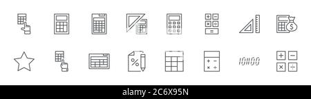 Icone della linea di calcolo. Icona, matita, clic, sacchetto di denaro, percentuale. Tratto modificabile Illustrazione Vettoriale