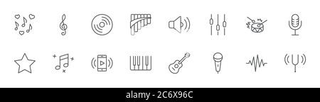 Icone di linea relative alla musica. Icona piano, chitarra, Trebble Clef. Tratto modificabile Illustrazione Vettoriale