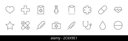 Icone della linea di medicina. Infermiere, siringa, termometro, pillole, ictus cardio-edito Illustrazione Vettoriale