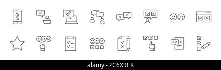 Icone della linea di indagine. Sorriso, triste, Rivedi, clicca, verifica, opinione. Tratto modificabile Illustrazione Vettoriale