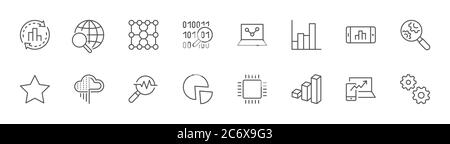 Icone della linea di tecnologia di analisi dei dati. Icone come grafici, big data. Tratto modificabile Illustrazione Vettoriale