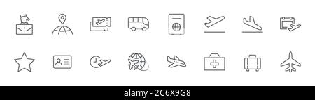 Icone della linea AirPort. Icone come Globe, biglietti per autobus in aereo di partenza. Tratto modificabile Illustrazione Vettoriale