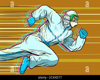 Hero medico corre. Covid19 epidemia di coronavirus Illustrazione Vettoriale