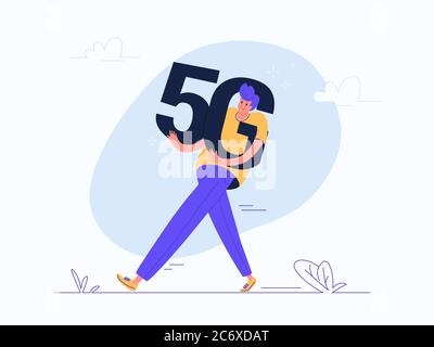Giovane uomo con un simbolo di 5g pesante Illustrazione Vettoriale
