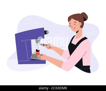 Barista femminile che prepara il caffè, prepara l'espresso davanti alla macchina da caffè professionale, giovane donna che lavora in una caffetteria o in un bar in grembiule Illustrazione Vettoriale