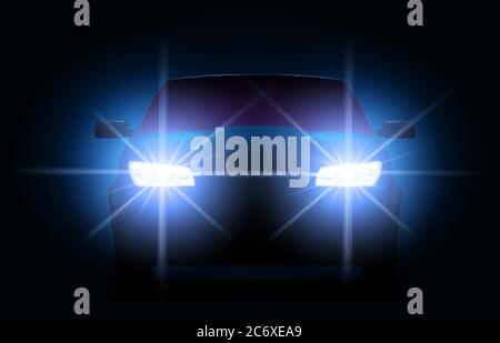 Luci auto. Scena urbana notturna con silhouette di auto o veicoli con fari luminosi. Anteriore automatico Illustrazione Vettoriale