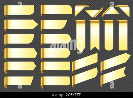 Etichette dorate e etichette isolate su sfondo trasparente. Nastri per la vendita al dettaglio di forme diverse Illustrazione Vettoriale