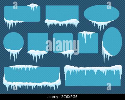 Cornici con neve e ghiaccio. Bordi congelati con fiocchi di neve di forma diversa come cerchio, quadrato ed ellisse. Illustrazione Vettoriale