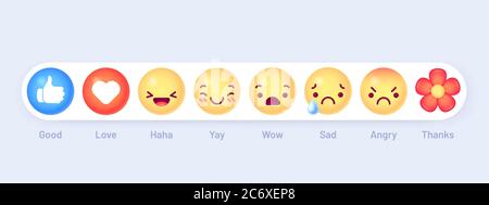 Reazioni emoticon emoji. Pulsanti di messaggio di chat sociale. Pollice su, amore cuore e haha, yay. WOW, triste e arrabbiato, grazie icone vettoriali Illustrazione Vettoriale