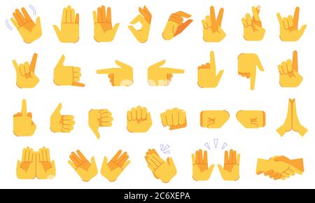 Gesti delle mani di Emoji. Segnali e segni di mani diverse, ok e vittoria, pace e stretta di mano, applausi, simboli gestuali insieme di icone vettoriali Illustrazione Vettoriale
