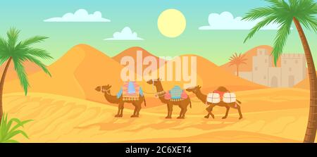 Cammello nel deserto. Carovana in egitto paesaggi sahara. Cartoon arabico sfondo vettoriale panoramico con dune di sabbia e cammelli Illustrazione Vettoriale
