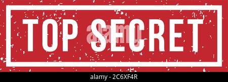 Timbro in gomma top secret in forma rettangolare. Sigillo a grunge con pigmento rosso o colorante per documenti confidentuali Illustrazione Vettoriale