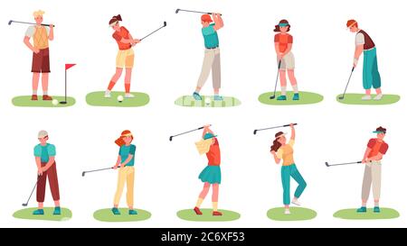 Golf. Uomini e donne che si allenano con i club di golf su erba verde, giocatori di hobby sport golfer in uniforme, cartoon set illustrazione vettoriale Illustrazione Vettoriale