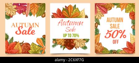 Vendita autunnale. Colori foglie autunno trendy design per volantini, coupon al dettaglio, vendita stagione lettere sconto banner set vettoriale Illustrazione Vettoriale