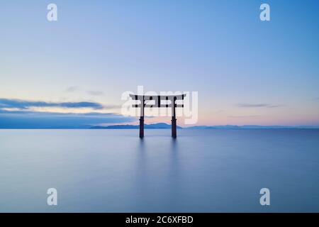 Foto a lunga esposizione del santuario Shirahige porta Torii all'alba, lago Biwa, Prefettura di Shiga, Giappone Foto Stock