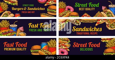 Striscioni fast food. Sketch hamburger e hot dog, pizza e patatine fritte, hamburger, ciambelle e cola, pubblicità ristorante vettore set Illustrazione Vettoriale