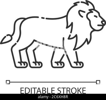 Icona lineare pixel Lion Perfect. Troppo abitante. African safari, savanna sottile linea illustrazione personalizzabile. Simbolo del contorno. Gatto selvatico con vettore di mane Illustrazione Vettoriale