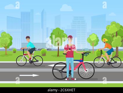 Illustrazione vettoriale dei ciclisti nel parco. Uomo ciclista utilizzando il suo telefono. I ciclisti camminano nel Parco nella moderna città dietro Illustrazione Vettoriale