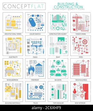 Infografica mini concept costruzione strumenti di costruzione icone di tecnologia per il web. Elementi di icone grafiche web di qualità superiore. Concetti di costruzione edilizia Illustrazione Vettoriale