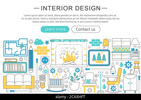 Vector linea moderna piano interni design concetto di arredamento. Icone di decorazione di interni intestazione del sito Web, banner poster di design dell'app Illustrazione Vettoriale