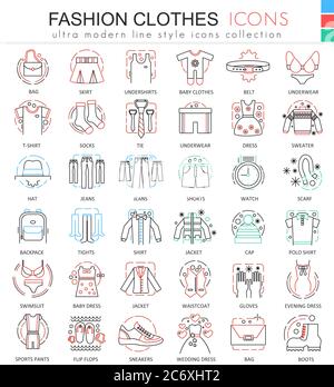 Vector vestiti scarpe linee di colore icone di contorno per applicazioni e web design. Icone di scarpe da abbigliamento Illustrazione Vettoriale