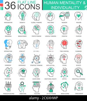 Vector Human Mentality individualità icone di contorno a linea piatta per applicazioni e web design. Icona della mentalità umana Illustrazione Vettoriale
