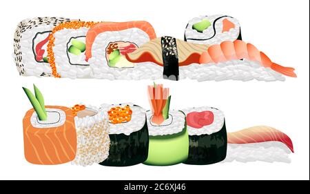 Gruppo di sushi giapponesi di pesce. Nel menu del ristorante si trovano sani sushi asiatici Illustrazione Vettoriale