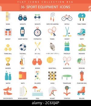 Set di icone piatte a colori per attrezzature Vector Sport. Design elegante e stile icona web attrezzatura sportiva Illustrazione Vettoriale