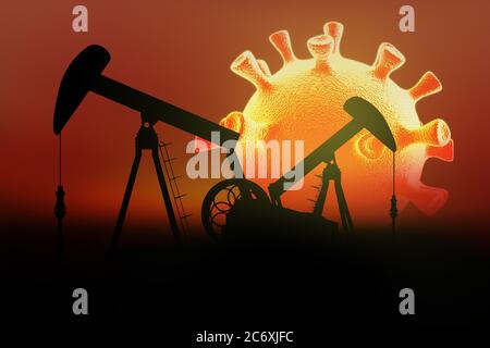 Pompe dell'olio sullo sfondo del sole a forma di cronavirus. Impatto del covid-19 sul mercato del petrolio e del gas. rendering 3d. Foto Stock