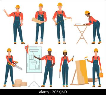 Architetti e costruttori di costruzioni lavoratori. Ingegnere civile. I personaggi del team di costruzione maschile e femminile sono isolati Illustrazione Vettoriale